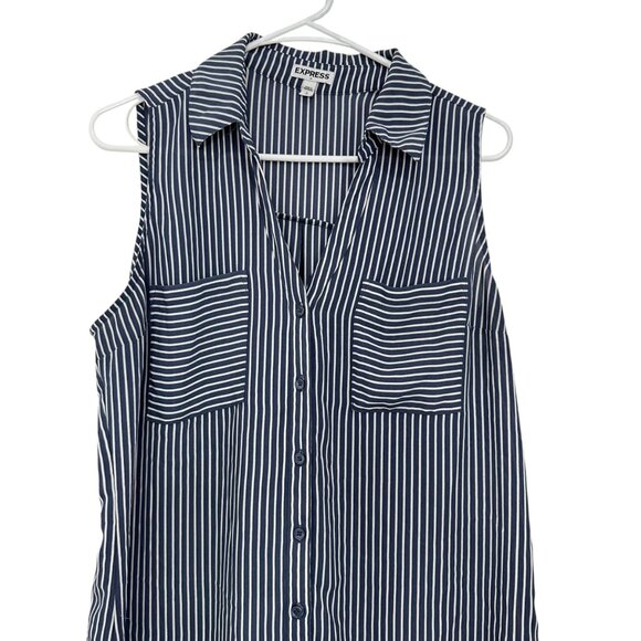 Express Sleeveless Striped Blouse Womens L Dusty Blue/White Button-Down - Picture 2 of 8